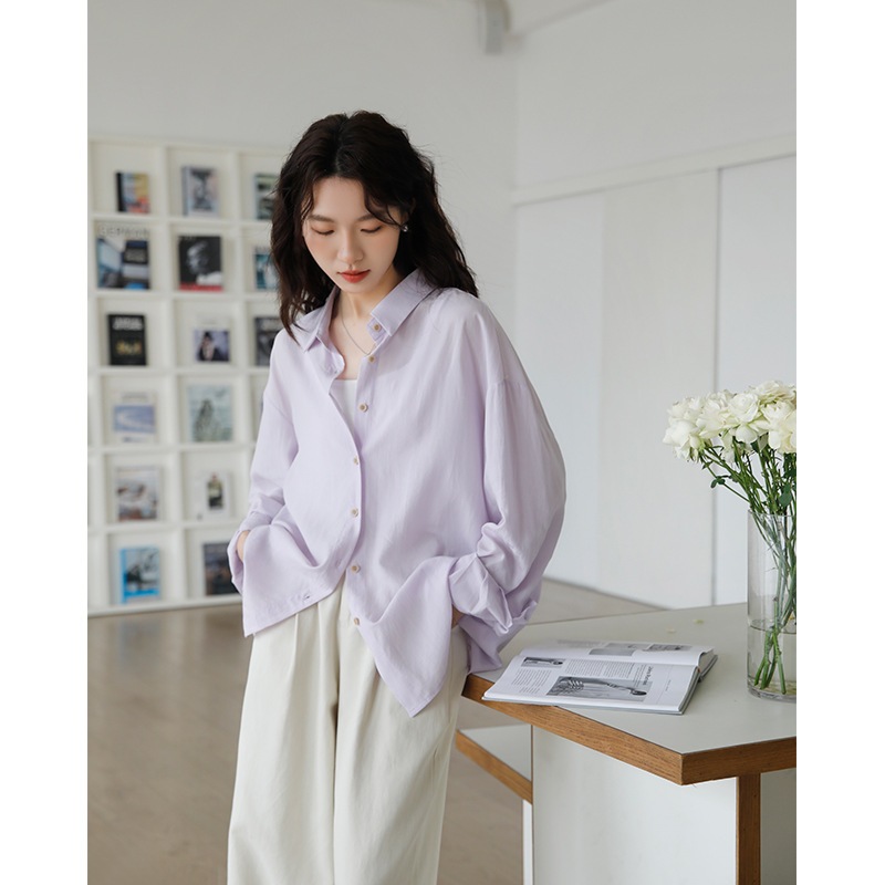 【速達!】紫のシルクシャツ女性長袖アウターカーディガン2025ゆったり薄手の日焼け止めコート