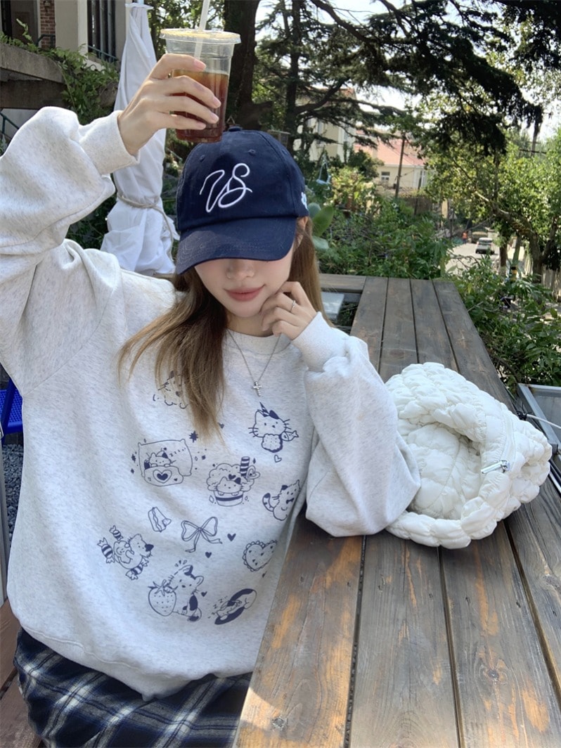 PPHOME卡通素描印花灰色加绒卫衣女秋冬韩系宽松减龄无袖上衣外套