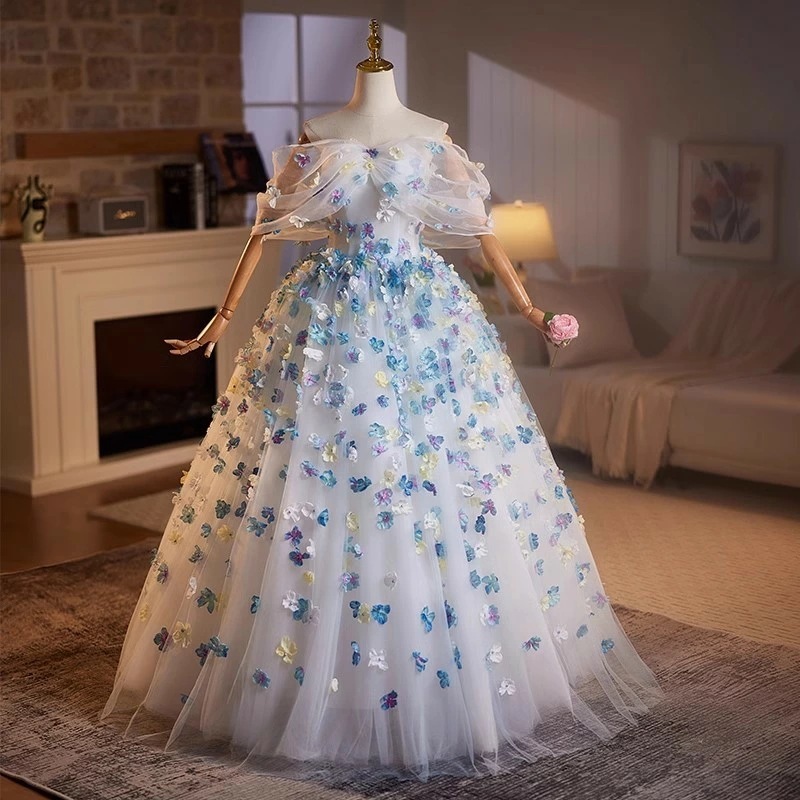 ブルー　オフショルダー パーティードレス　カラードレス　ティアードスカート 二次会ドレス フォーマルドレス二次会 前撮り ドレス ウェディングドレス 二次会 2次会 成人式 同窓会 謝恩会 大学生