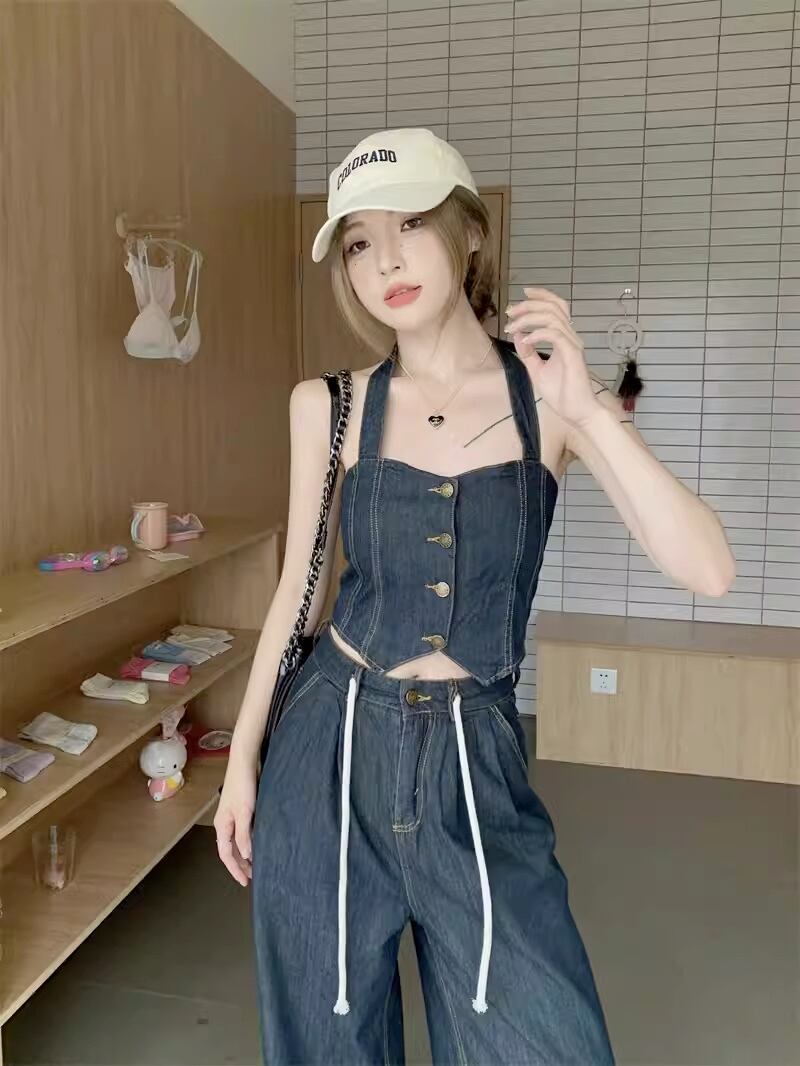 ブラックデニム チェーン スリット スカート 2点セット トップス キャミソール ショート ノースリーブ ボトムス タイト膝丈 ミディアム丈 ミドル丈 カットオフ 切りっぱなし色っぽ カジュアル30%