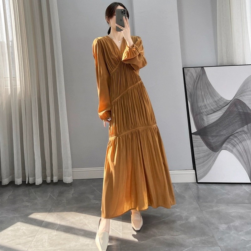 ロングワンピースシャツワンピース長袖プリーツワンピースパフスリーブ大人韓国ファッション春夏プリーツワンピースゆったりスリム