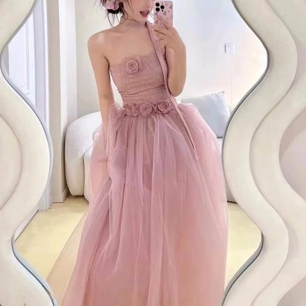 ピンクのシフォンドレスモーニングガウンニッチな気質チューブトップドレスツーピーススーツ女性夏