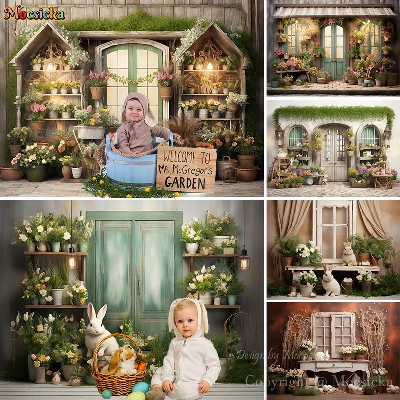 Easter背景スタジオ写真鉢植え庭のドアの背景子供のケーキの写真インテリア写真撮影のアクセサリー春