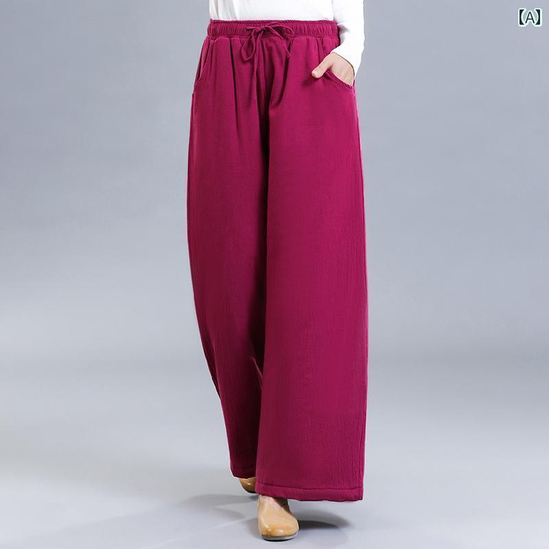 パンツ レディース リネン レトロ コットンパンツ 秋冬 キルティング 厚手 カジュアル コットンリネン ストレート エスニック ワイド