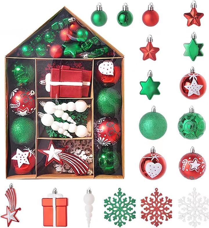 クリスマス ボール オーナメント 70個セット 北欧風 クリスマスツリー 飾り 豪華 多種類 多色 おしゃれ デコレーション 部屋 喫茶店 新年 家庭用(レッド+グリーン+ホワイト)