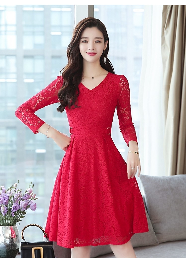 A1021.Vネックシースルーレースフレアドレス（レッド）2019 春夏 sale 春夏 sale ワンピース 長袖 フリル エレガント お呼ばれ パーティー 結婚式 披露宴 女子会 レストラン デー