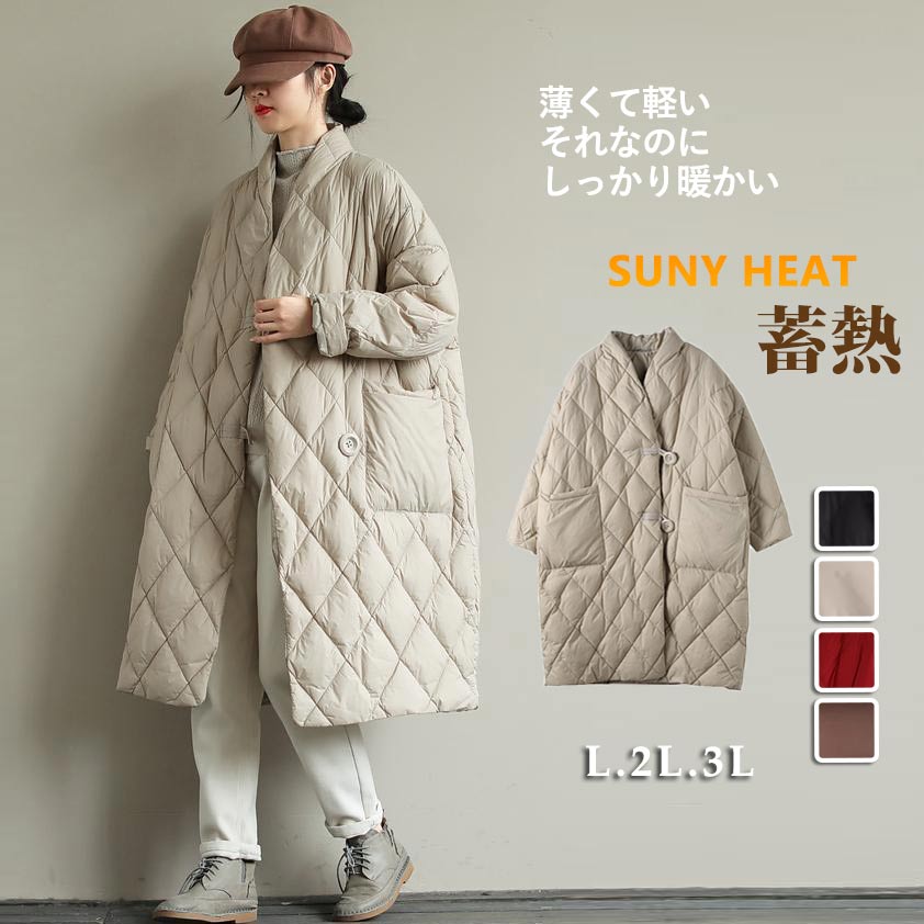 キルティング 綿入れ コート ロング丈 中綿 ゆったり キルティングコート レディース 防寒 ロングコートベージュ 黒 M L 2L 3L女性 プレゼント 大きいサイズ