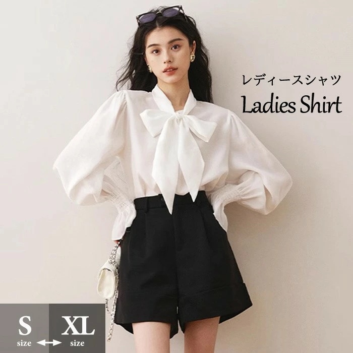 ボウタイ ブラウス レディース ビッグ リボン リボンタイ ボタン 卒業式 女の子 入学式 長袖 春 秋 おしゃれ 上品 きれいめ シャツ 薄手 無地 シンプル フェミニン ガーリー 通勤 通学 スー
