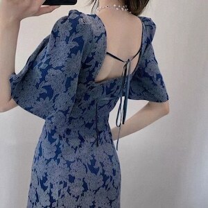 レディース バックオープン 花柄 刺繍 ロングワンピース バックリボン 半袖