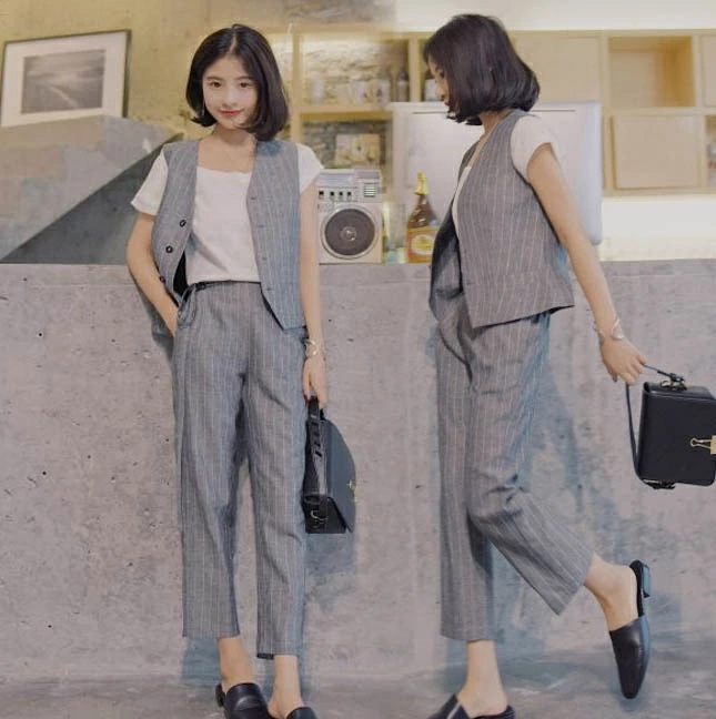 ストライプ柄 スーツベスト レディース 40代 スーツジャケット ノースリープ ベスト ロングパンツ セットアップスーツ 2点セット おしゃれ ビジネス 通勤OL