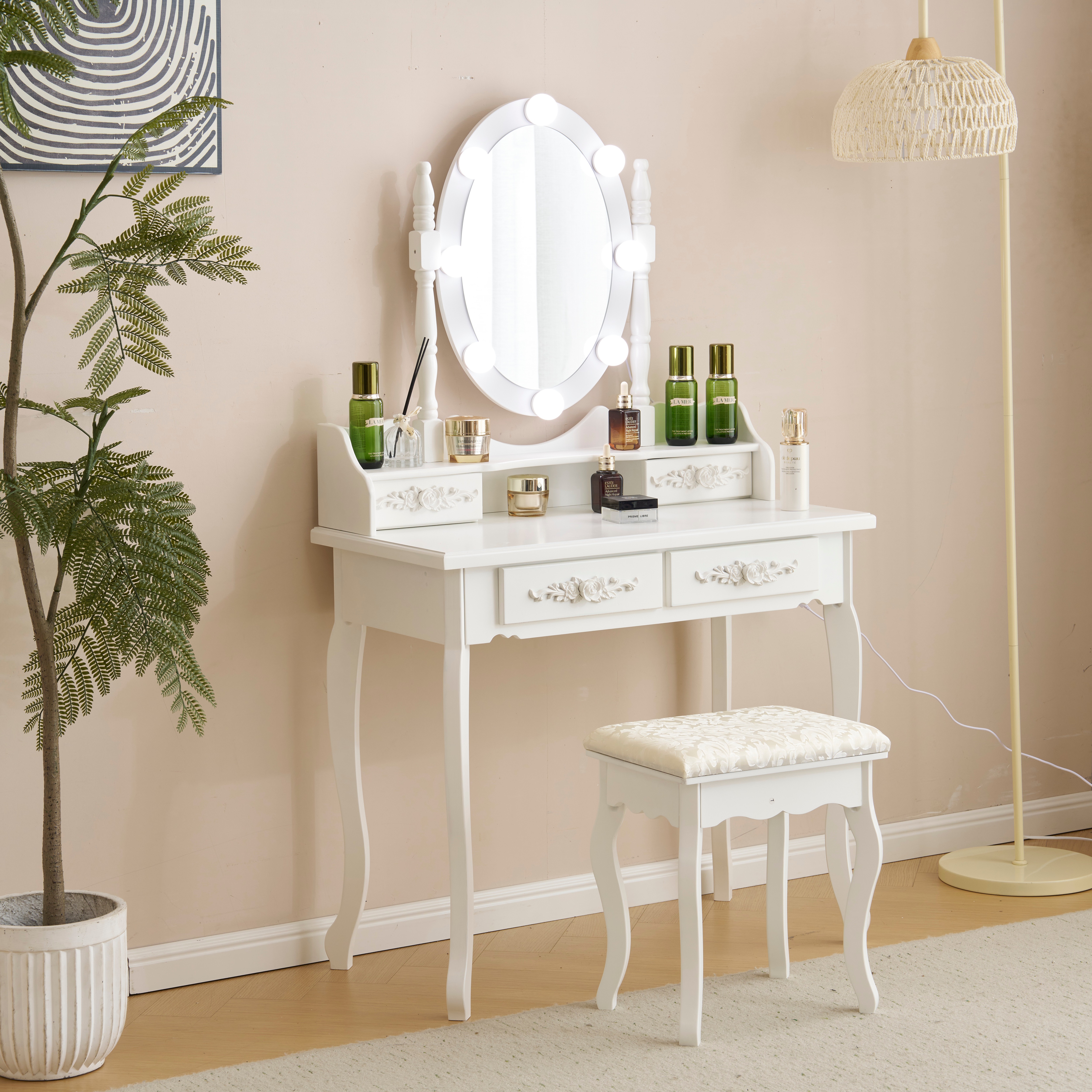 【大好評！最安値挑戦!】ドレッサー 化粧台 テーブル 鏡台 ライト付き 3色LED 女優ミラー 引き出し 収納 椅子 セット メイク台 シンプル 大容量 可愛いGG8177 White Solid W