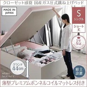 [組立設置付]クローゼット跳ね上げベッド [エマーブル] 薄型プレミアムボンネルコイルマットレス付 縦開き シングル ショート丈 深さグランド [フレーム色]ホワイト [マットレス色]ホワイト