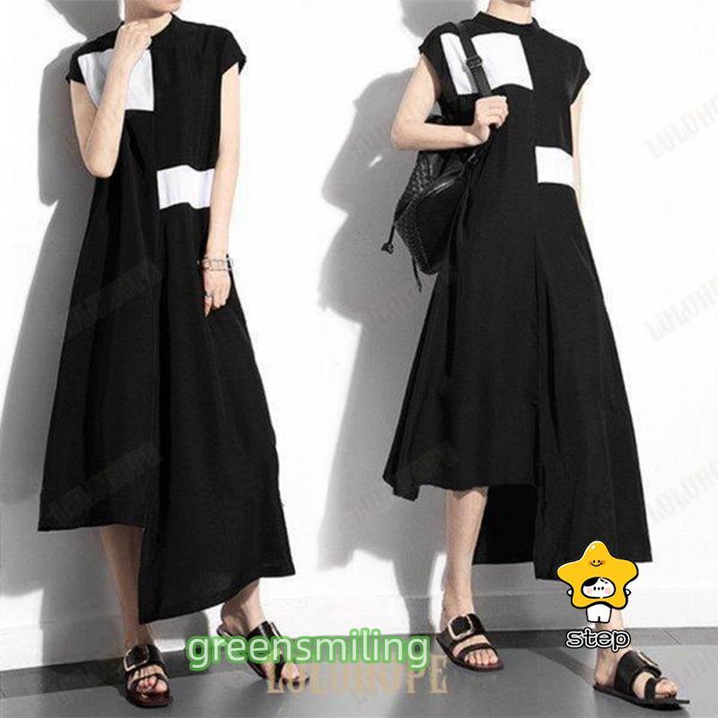 【本日限定激安格】即納ありワンピースレディースマキシワンピース秋夏ノースリーブロング丈アシンメトリー不規則配色上品オシャレ