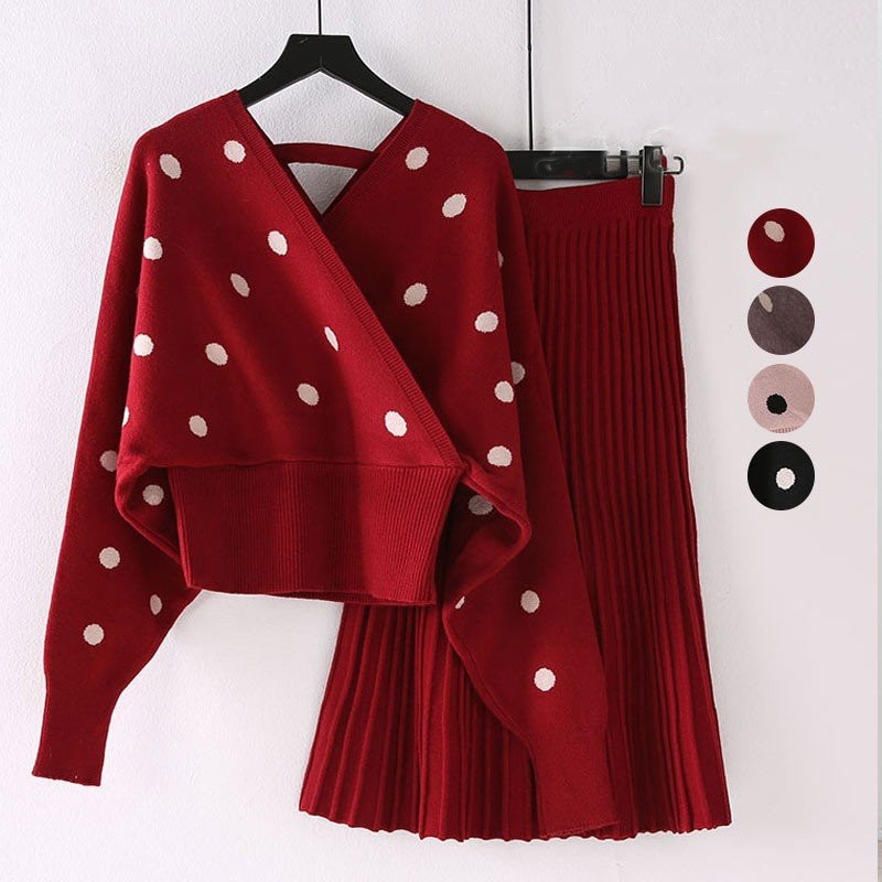 セットアップ ニット セーター トップス スカート レディース ブラウス 秋 2点セット プリーツ