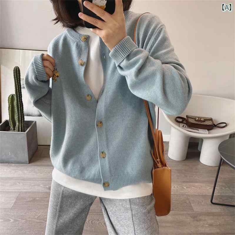 ニット レディース カーディガン おしゃれ カジュアル 大きめサイズ 春秋 刺繍 ラウンドネック 韓国 セーター トップス ブルー ホワイト ピンク