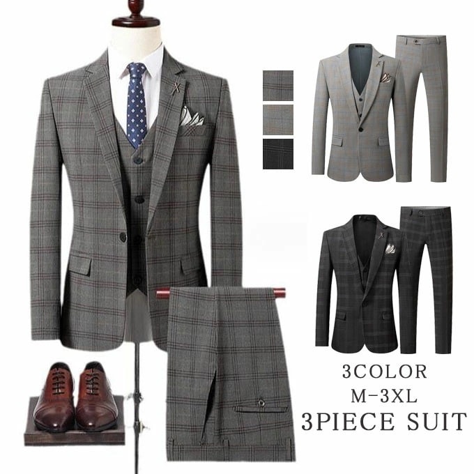 スーツ メンズ おしゃれ スーツセットアップ 3ピーススーツ ビジネススーツ チェック柄 スリム カジュアルスーツ フォーマルスーツ 洗える 紳士服 通勤 結婚式