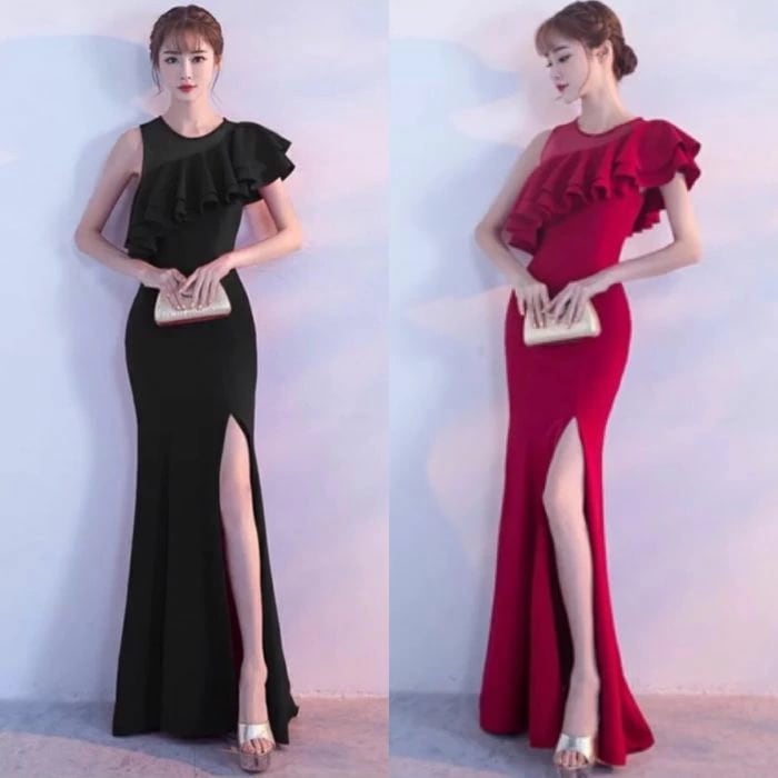 パーティードレス 韓国 ドレス 個性的 ワンピース プチプラ 黒 ブラック 赤 レッド キャバ ロング タイト セクシー ワンショルダー マキシ ラッフル フリル マーメイド 謝恩会 お呼ばれ 10代 6,115円