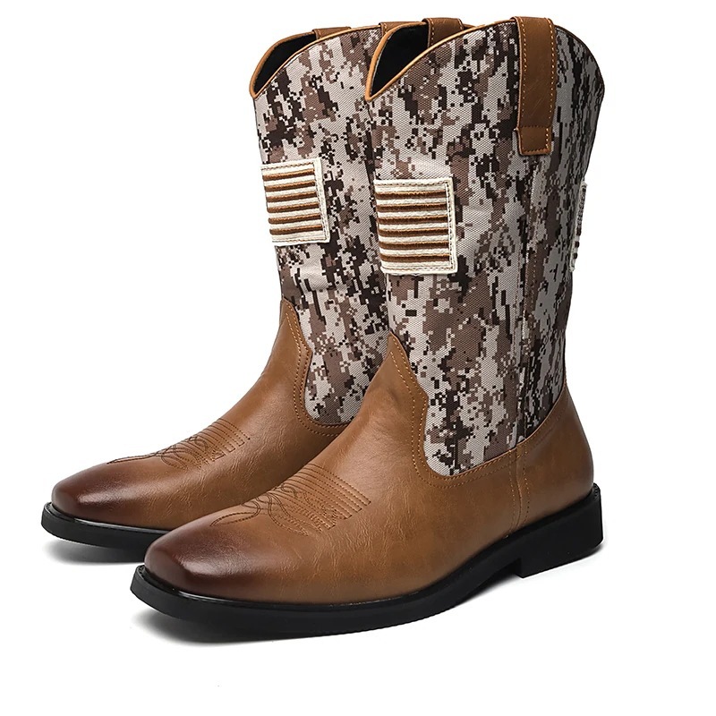 軍靴迷彩デニムブーツアメリカ国旗刺繍柄革製靴表面通気デニムブーツ筒大サイズ24.0-28.0 cm