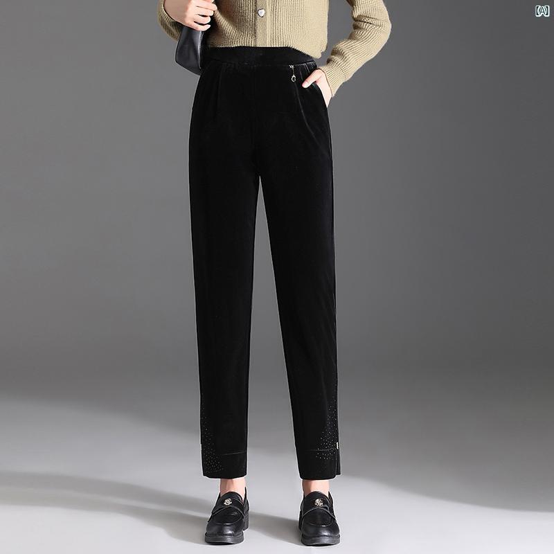 ホット ゴールド ベルベット カジュアル パンツ レディース 秋冬 ファッション レギンス 耐久性 ウエスト 大きいサイズ ブラック 九分丈