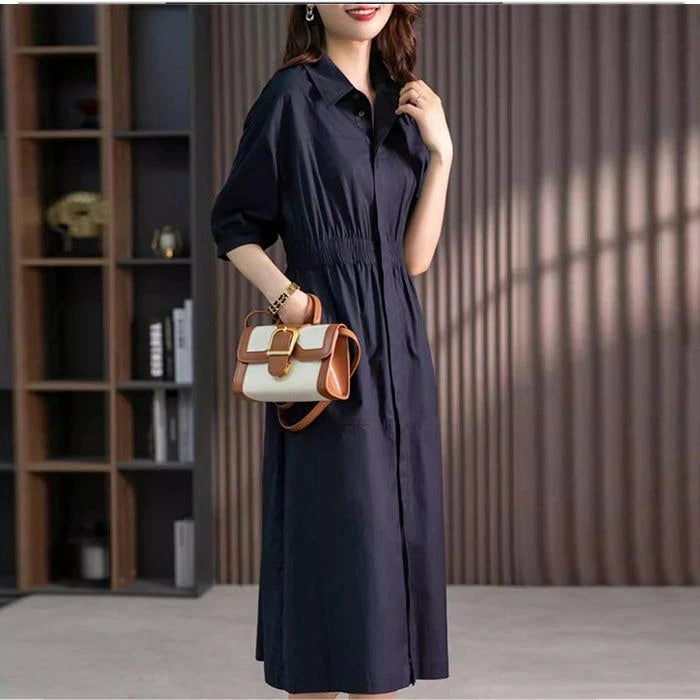注目商品エレガント大人な袖のシャツワンピース 7分袖　ミモレ丈 ネイビー　ブラック　シャツワンピース　上品なシルエット 体型カバー 通勤