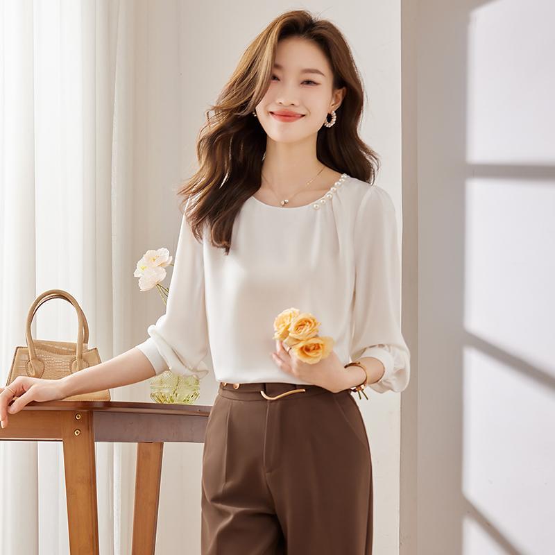 ブラウス レディース 白 ラウンドネック シフォン シャツ 春秋 ハイエンド トップス オフィス カジュアル ビジネス