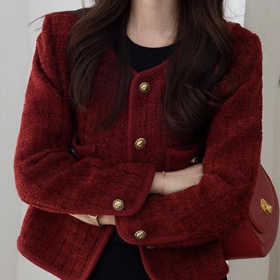 レッドツイードジャケット ツイードジャケット ツイード ジャケット アウター 高見えジャケット ノーカラージャケット ジャケット赤 赤 レッド 黒 ブラック オルチャン 韓国 レディース