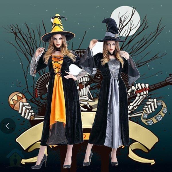 ハロウィン衣装 巫女 魔女 ハロウィン用品 コスプレ衣装 大人用 レディース ロングドレス 公演服 3点セット オレンジ