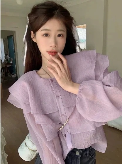 トップス シャツ ブラウス 袖あり 長袖 ボリューム袖 襟なし 丸襟 フレア フリル 前開き 透け感 シースルー 薄手 かわいい 大人可愛い きれいめ シンプル カジュアル 大人 上品 おしゃれ