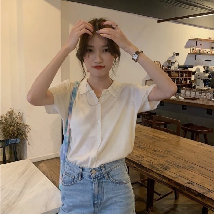 Tシャツ カットソー レディース 半袖 襟付き シンプル ラフ かわいい 大人可愛い きれいめ カジュアル 無地 夏 ママ 学生 フリーサイズ ホワイト イエロー グリーン ブラック トップス