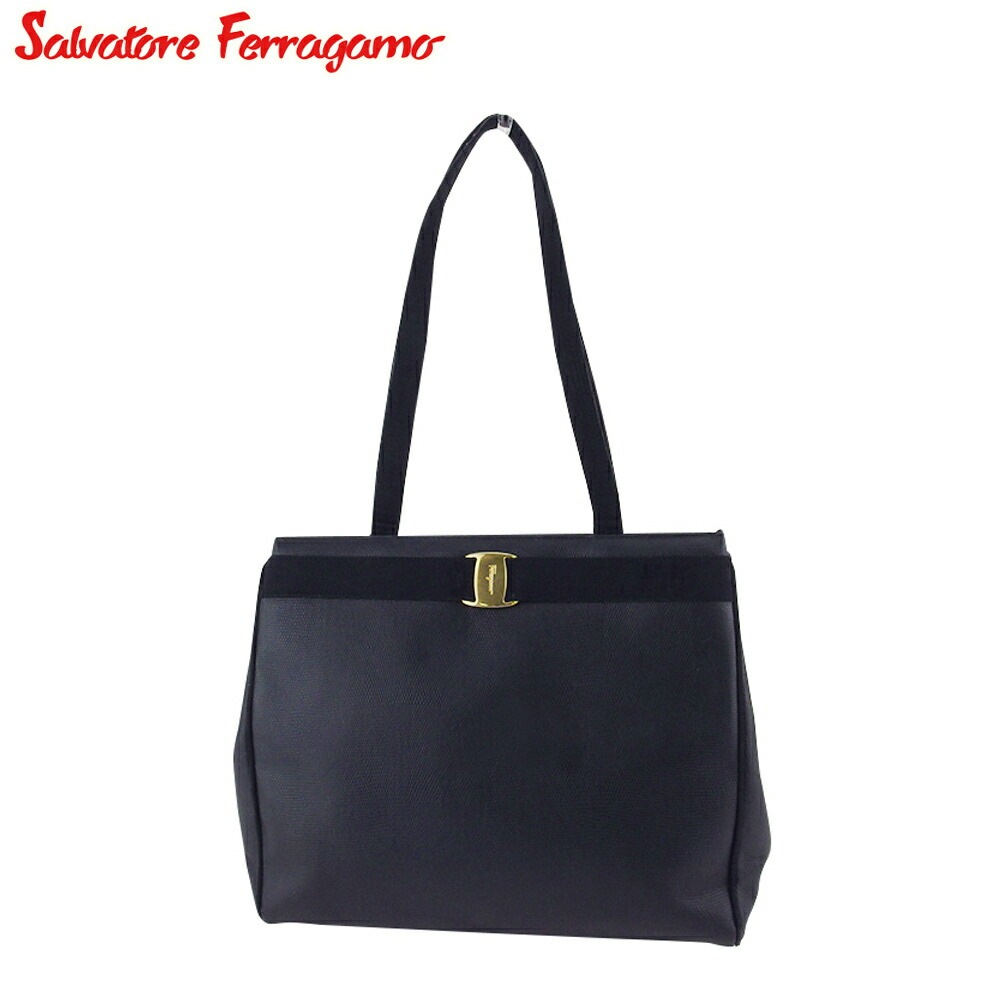 トートバッグ トート ショルダーバッグ ヴァラ レディース リザード調 ネイビー ゴールド 中古