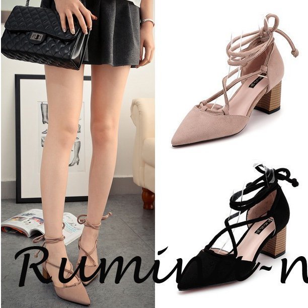 パンプス レースアップ 太ヒール ローヒール ポインテッドトゥ スエード調 フェイクレザー レディー