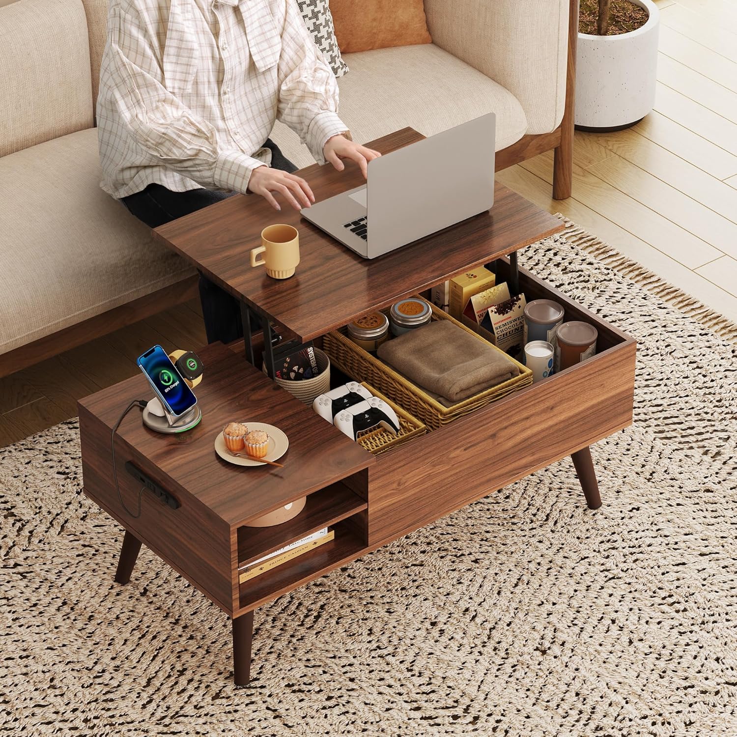WLIVE コーヒーテーブル 昇降式 リビングテーブル ローテーブル リフティング センターテーブル 収納 天板昇降 高さ調整 大容量 簡単開閉 ガス圧式 収納棚付き 木製 シンプル モーデン
