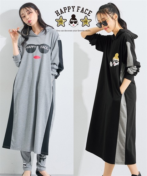 ロング・マキシ丈/半袖 大きいサイズ HAPPY FACE　フード付ロング丈ワンピース