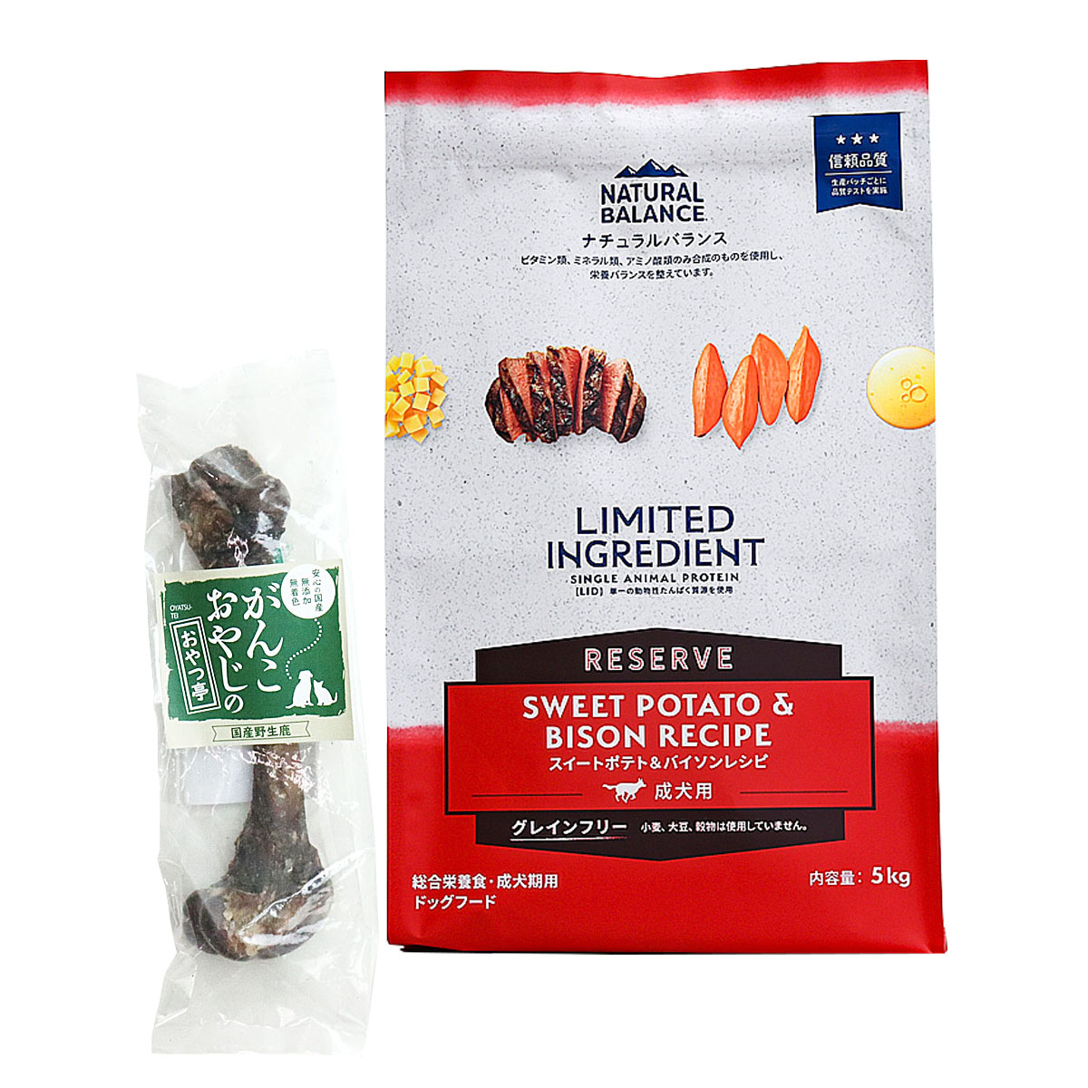 LIDグレインフリー 成犬用 スイートポテト&バイソン 5kg【国産鹿レッグボーン 1本Mサイズ付き】