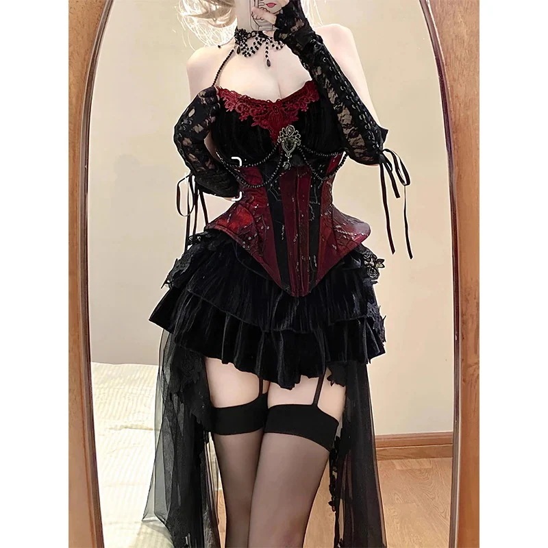 ゴシックコルセットホルターネックサスペンダースーツ取り外し能スカート点セット