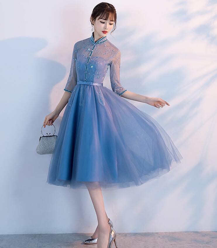 お呼ばれ 立ち襟 セクシードレス パーティードレス 袖あり 結婚式 ウェディングドレス　花嫁　ミモレ