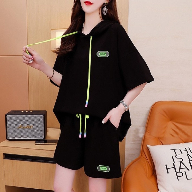 トップス セットアップ ルームウェア 部屋着 寝巻き ナイトウェア フード付き半袖 T シャツ ショーツ 2 点セット 綿 ポリエステル 上下セット シンプル カジュアル おしゃれ 大人女子 無地 春