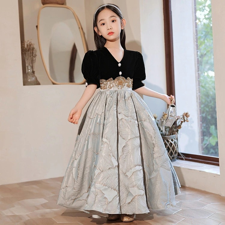 子供ドレス ピアノ発表会ドレス 黒 ベロア ベルベット ロングドレス 女児ドレス パフスリーブ パール オシャレ エレガント 演奏会ドレス 女の子 フォーマル キッズドレス グレー ドッキング 100