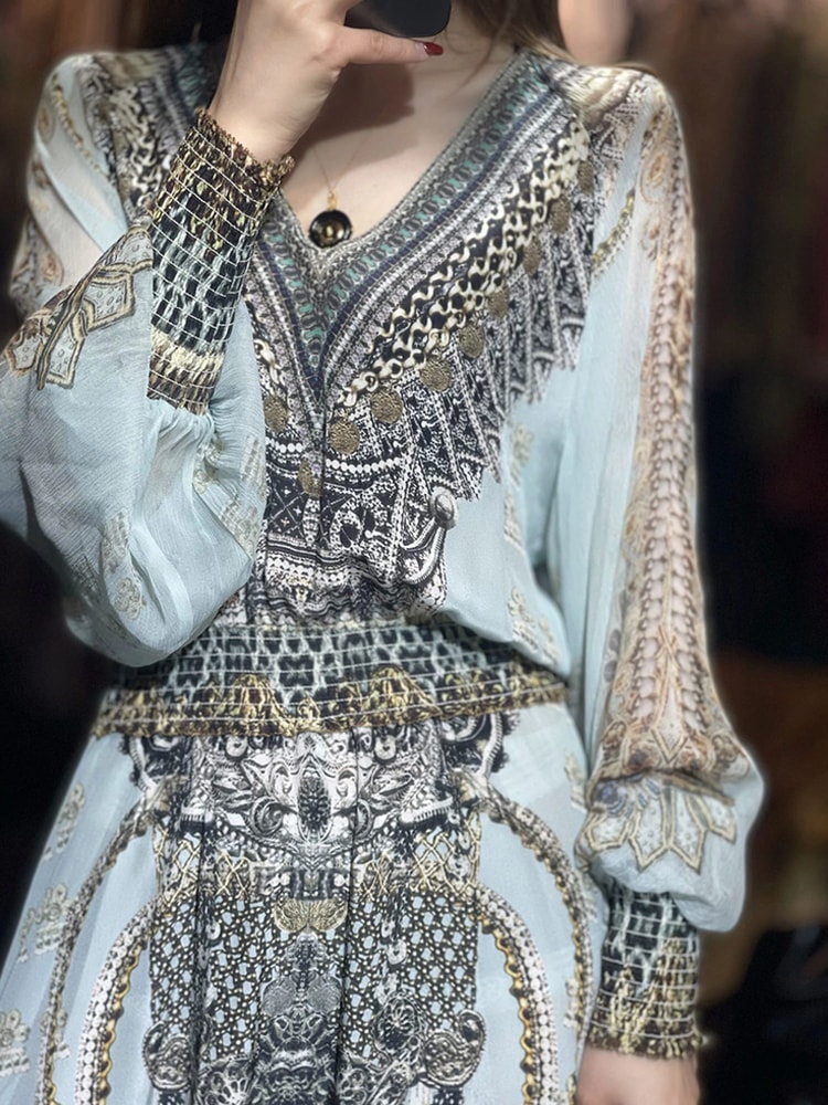 エスニック風ワンピース アジアンテイスト ロング 袖あり 長袖 Vネック Aライン シフォン 切り替えデザイン 透け感 カジュアル 大人 上品 かっこいい アジアン エスニック エキゾチック