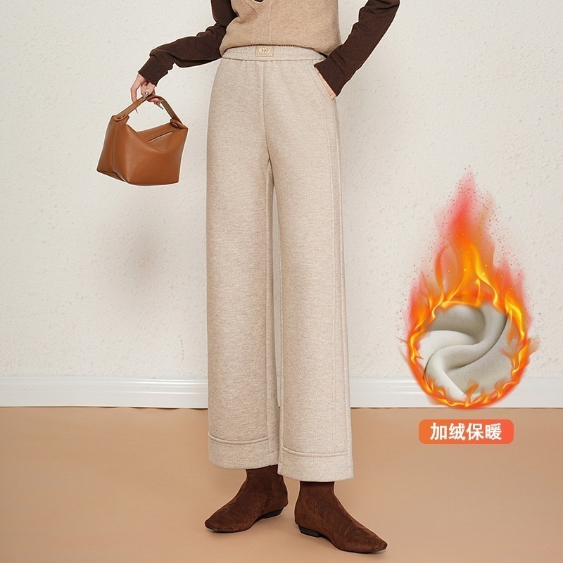 裏起毛 毛裏付きツイードストレート9分パンツ 冬 ルーズ ハイウエスト ワイド ガウチョパンツ 秋冬