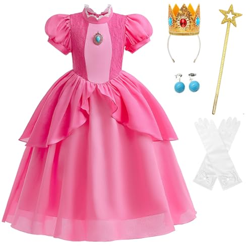 [] プリンセスドレス 子供 コスプレ(ドレス/王冠/ステッキ/イヤリング/手袋) 5点セット 100-120CM ピンクワンピース キッズ 仮装 クリスマス/ハロウィン/子供の日/誕生日プレゼントに