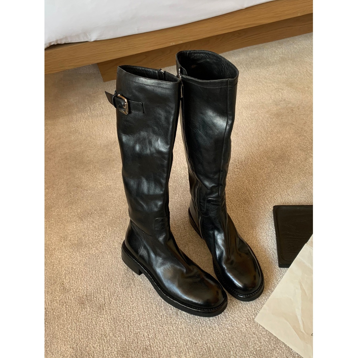 洗浄牛ひも本物の革の黒いレトロブーツ汎用スリムな厚いかかとのブーツ女性の長いブーツ高ブーツ 6,389円