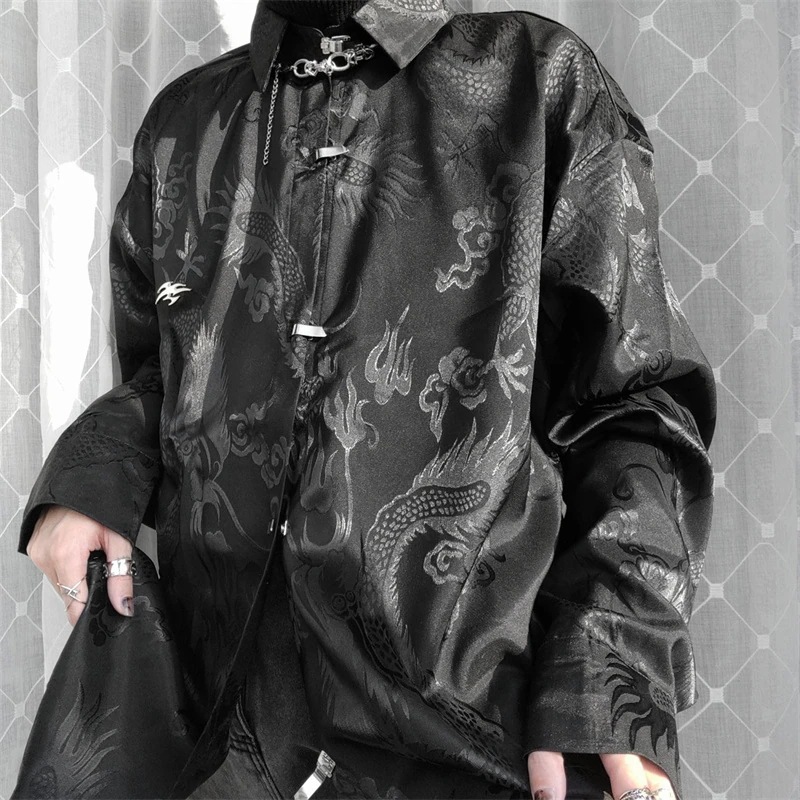 チャイナ風シャツ レディース 柄シャツ メンズ 長袖 龍紋 黒/白 男女兼用 金属ボタン