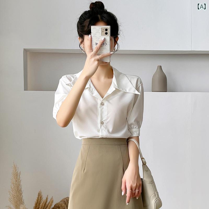 レディース トップス おしゃれ エレガント 通勤 オフィス カジュアル レディース トップス 夏 韓国 ホワイト シフォン シャツ パフスリーブ 半袖 シャツ 4,815円