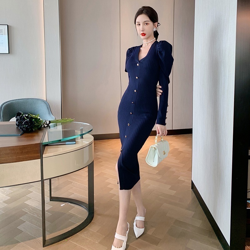 【Fellow 20％割】新款 秋 ニットワンピース vネック フリル ボタン パーティードレス 着痩せ 大人 お呼ばれ 同窓会 披露宴 卒業式 結婚式 ウェディング 二次会 成人式