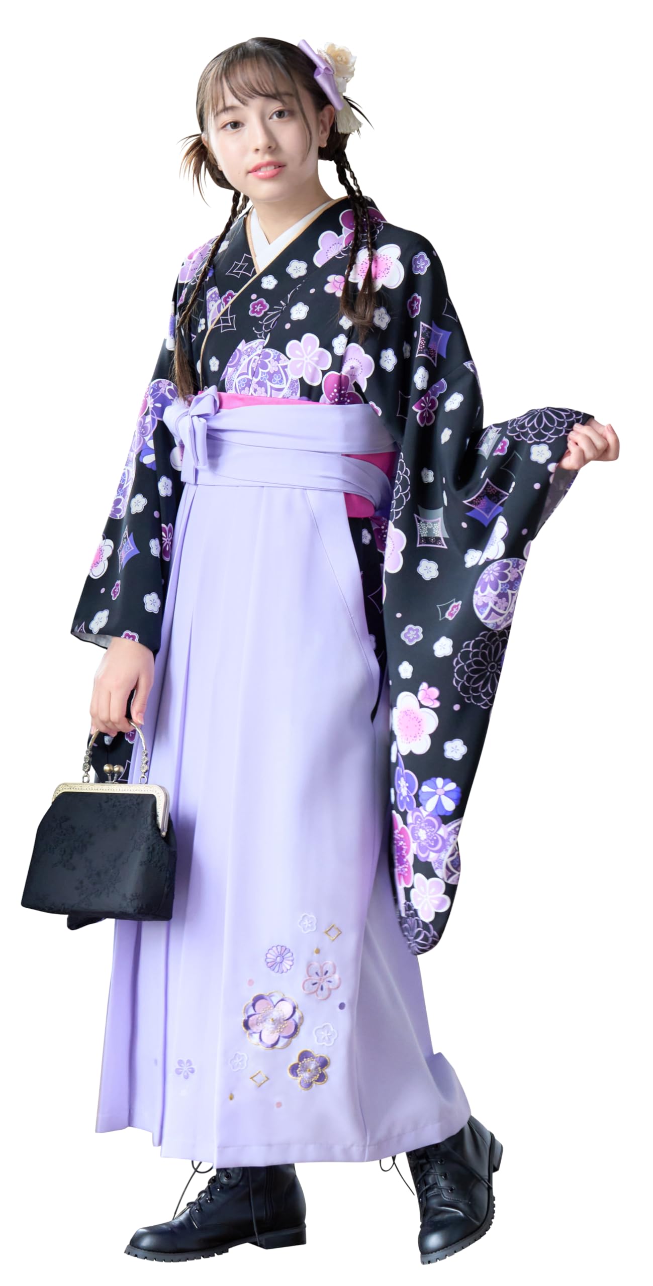 [アリサナ] 卒業式 袴 セット 椿柄 小学校 小学生 女の子 和服 卒業 (着物+半襟付き襦袢+袴+帯枕付き帯+腰紐の5点) 梅ブラック×ラベンダー袴 160cm