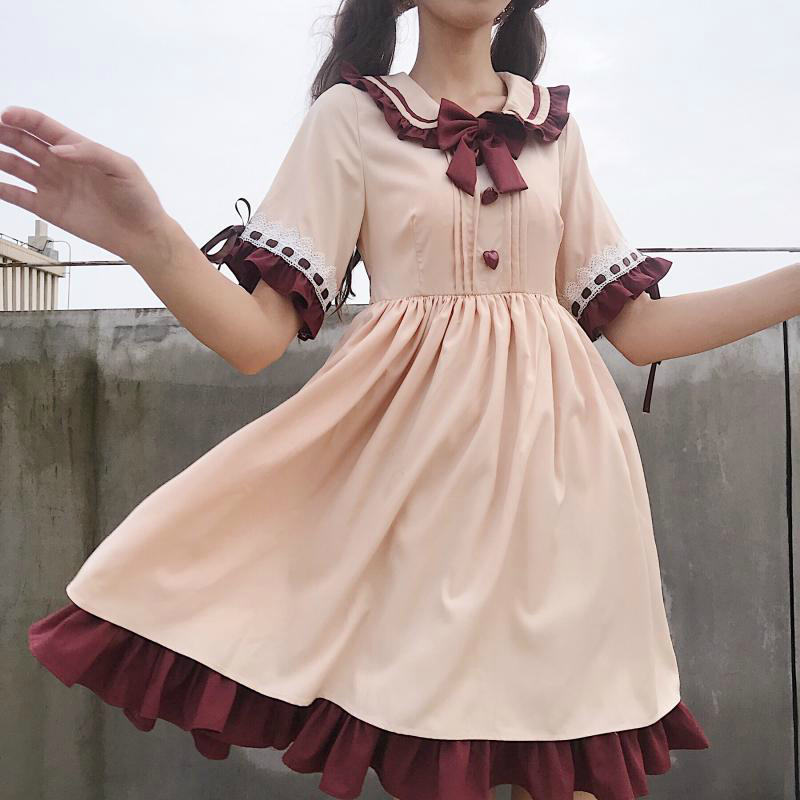 レディース ワンピース ロリータ ドレス フリル リボン ミモレ丈 膝丈 膝下丈 カジュアル 可愛い フェミニン きれいめ 上品 エレガント おしゃれ お出かけ お呼ばれ ベージュ フリーサイズ 4,689円