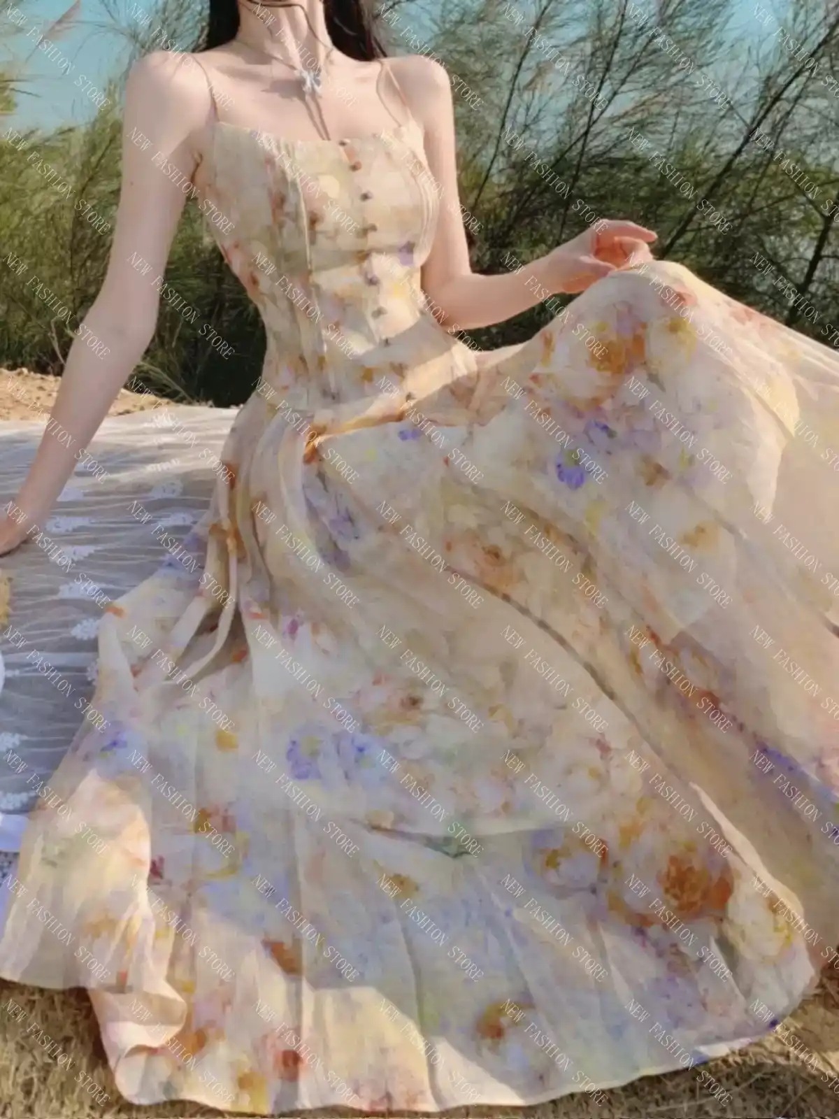 ストラップドレス春服新しいフレンチリゾート妖精ロングスカート春夏-56