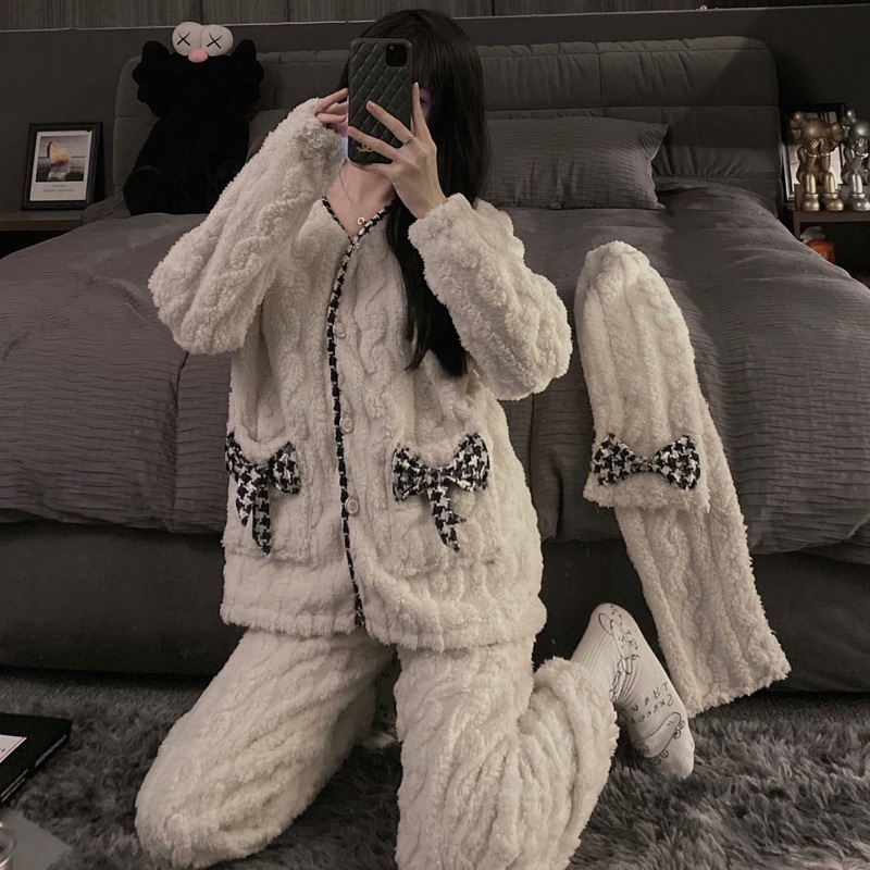 ルームウェア レディース パジャマ 部屋着 寝巻き M L XL 2XL ナイトウェア Vネック リボン モコモコ ふわふわ 韓国 ポケット 前開き ウエストゴム ツーピース かわいい 大人可愛い