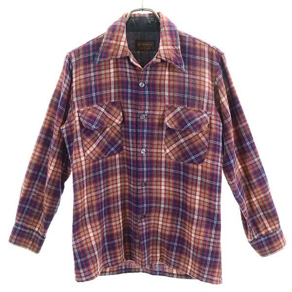 70s ウールブレンド ヴィンテージ 長袖 オープンカラーシャツ 赤×紺 メンズ 4,950円